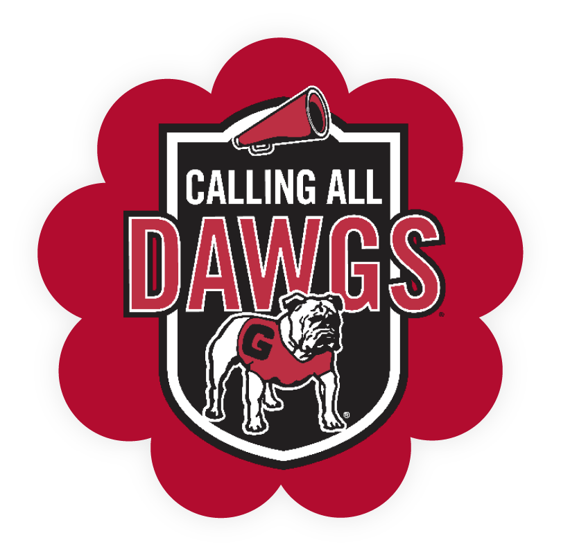 Flower-shaped graphic with a red background featuring a black shield design, a megaphone icon, the phrase Calling All Dawgs in bold lettering, and the University of Georgia bulldog mascot wearing a G logo