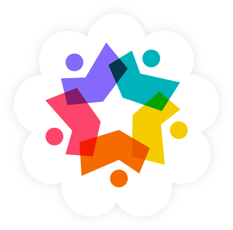 Flower-shaped graphic with overlapping colorful abstract shapes arranged in a circular pattern, each paired with a dot, suggesting collaboration or connected elements