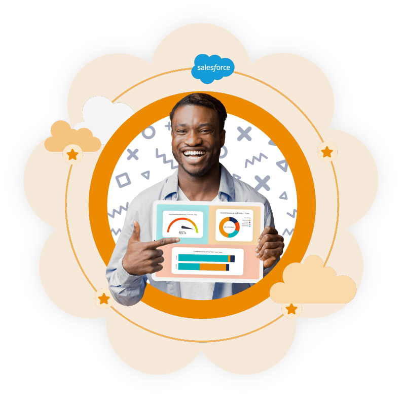 Graphic of a smiling man presenting analytics dashboards with Salesforce branding and decorative cloud elements