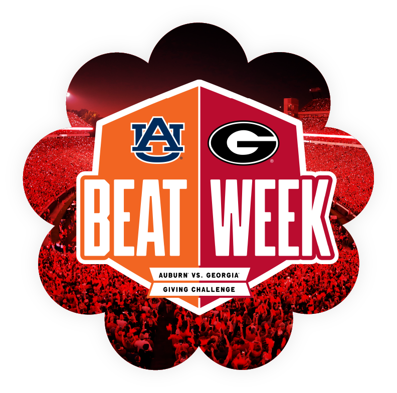 Flower-shaped graphic with a stadium crowd background and a split shield featuring Auburn and Georgia logos, large text reading Beat Week, and a small banner below for Auburn vs Georgia giving challenge