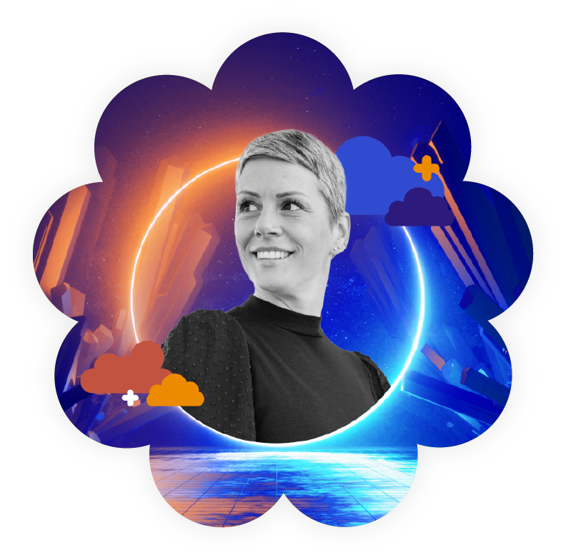 Flower-shaped graphic with a grayscale portrait of a woman centered inside a glowing neon ring, set against a colorful abstract landscape with blue and orange gradients and small cloud icons