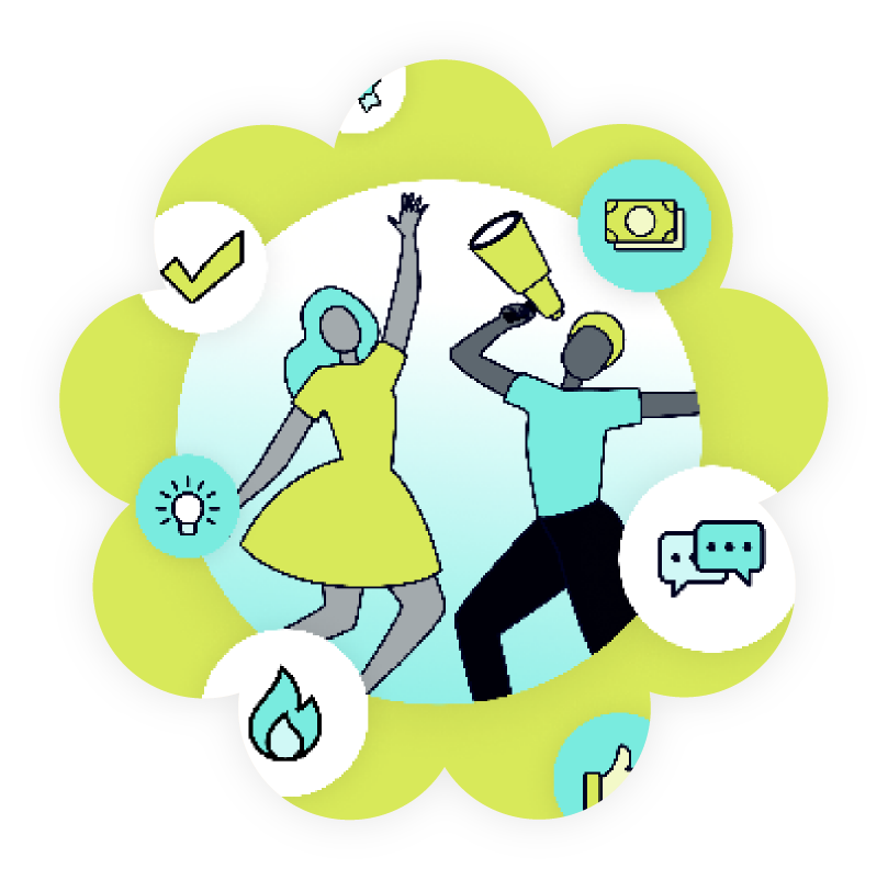 Lime green graphic showing illustrated people - one male and one female - with floating icons