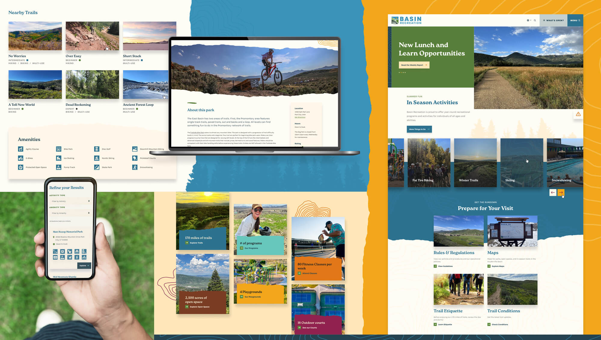 Pro_16_BasinRecreationWebsite-2 Collage showcasing the Basin Recreation website across desktop, laptop, and mobile devices, highlighting park and trail discovery tools, recreation program information, amenity filtering, and responsive web design for Park City, Utah residents.